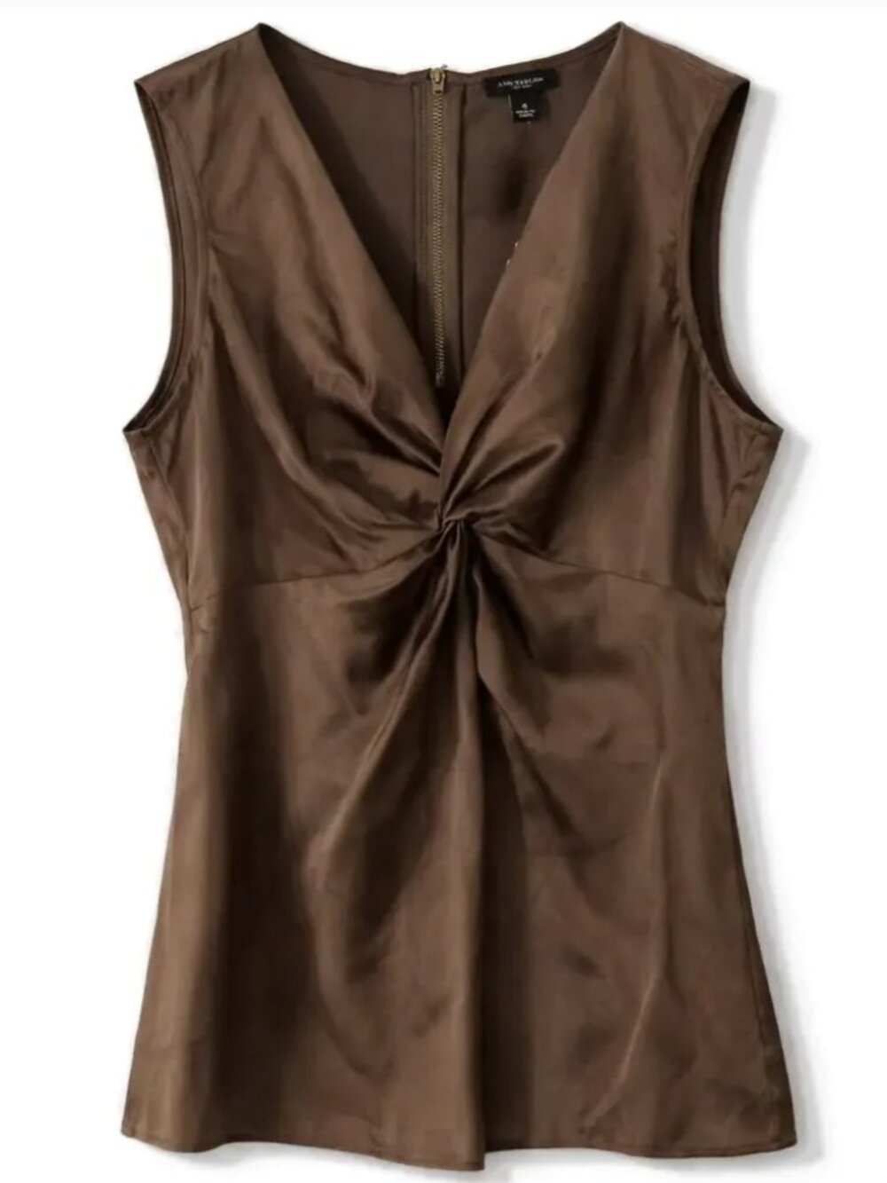 Ann Taylor Satin Twist Front Blouse Brown Sleeveless V Neck Size 4 NWT